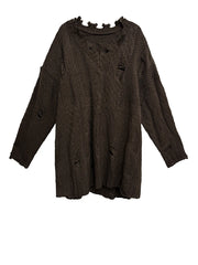 Distressed Knit Sweater — Black / Coffee Brown-SimpleModerne
