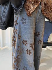 Floral Flock Wide-Leg Denim Jeans – Washed Blue-SimpleModerne