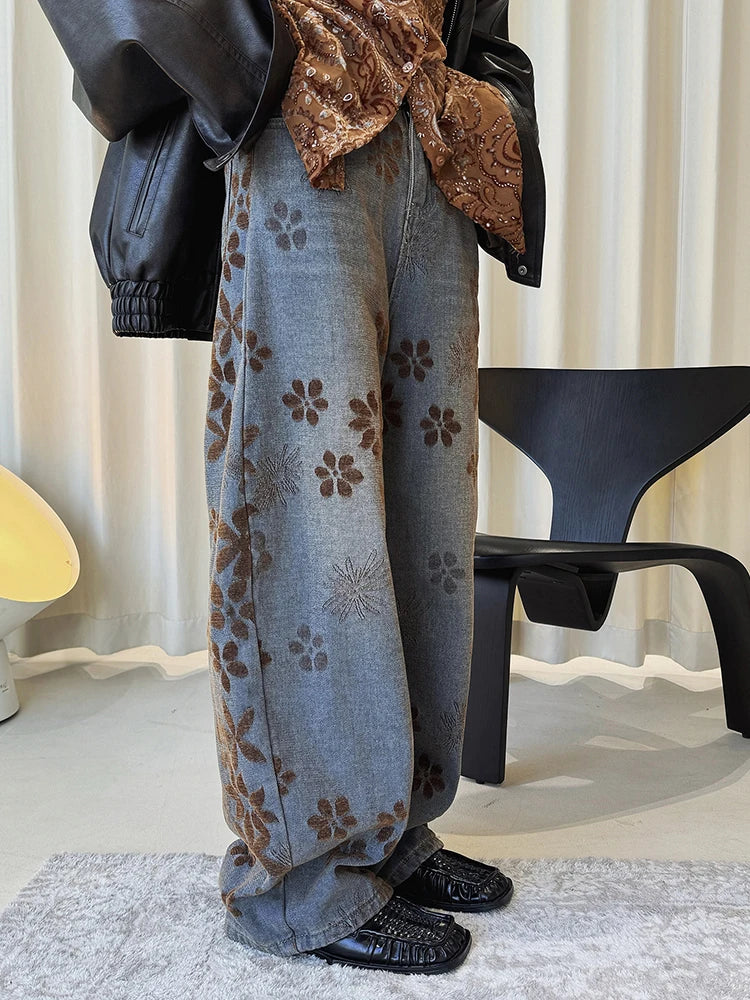 Floral Flock Wide-Leg Denim Jeans – Washed Blue-SimpleModerne