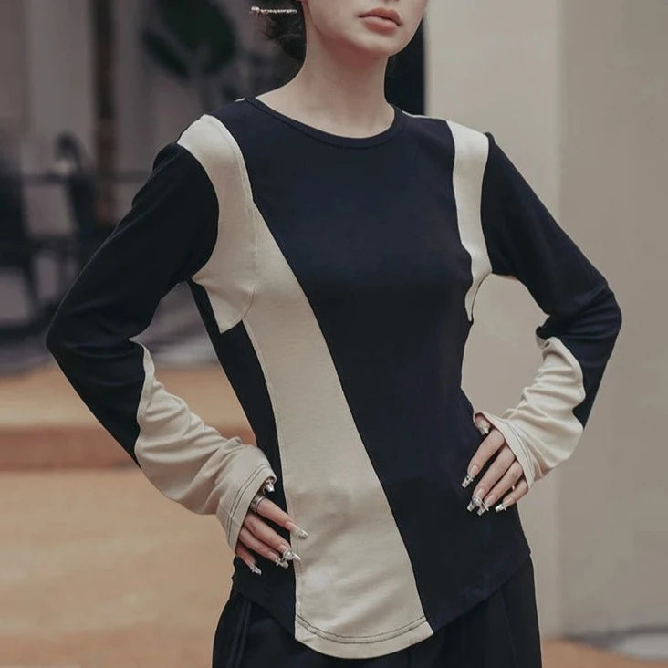 Casual Minimal Goth Irregular Design Double Color Pullover-SimpleModerne
