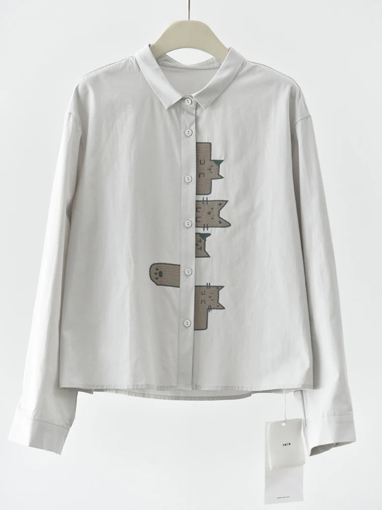 Playful Cat Print Shirt Blouse