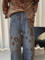 Floral Flock Wide-Leg Denim Jeans – Washed Blue-SimpleModerne