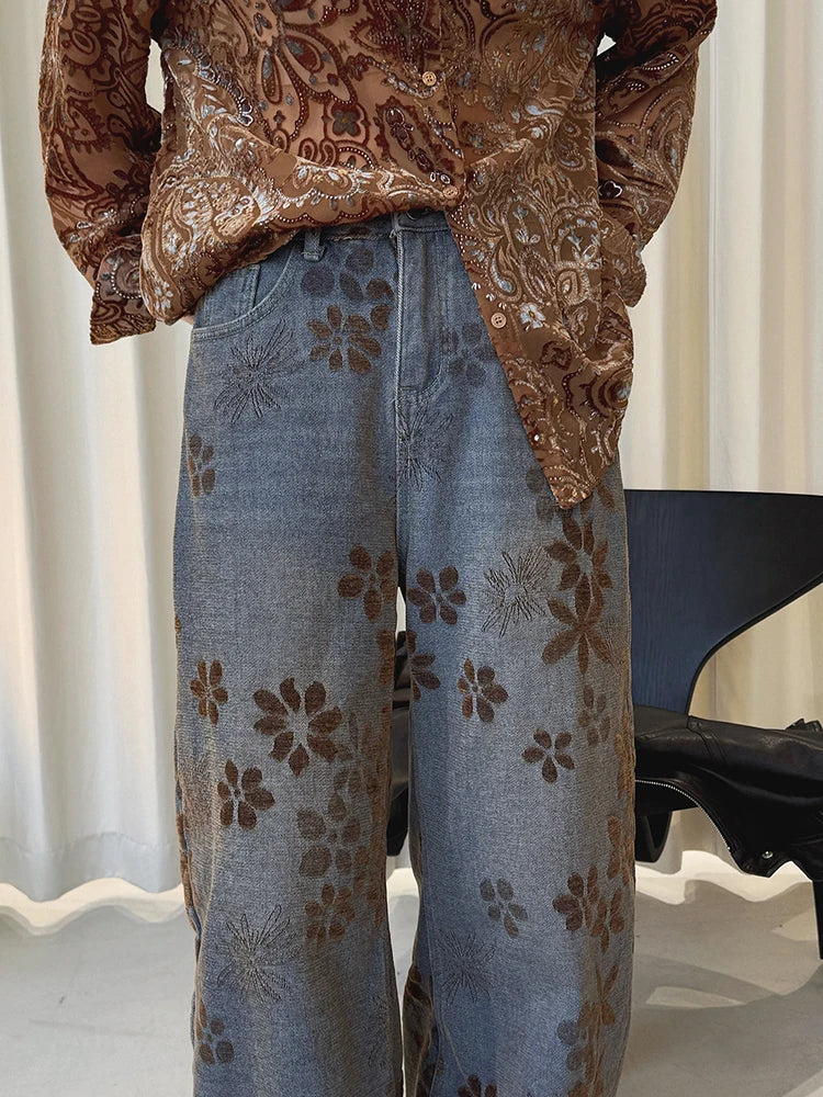 Floral Flock Wide-Leg Denim Jeans – Washed Blue-SimpleModerne