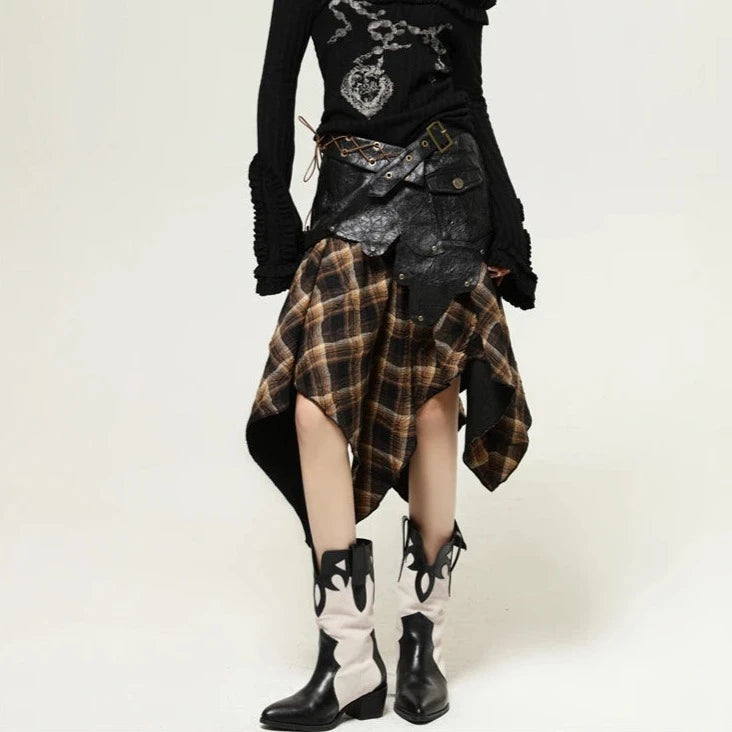 Casual Minimal Goth Asymmetrical Cut Plaid Skirt-SimpleModerne