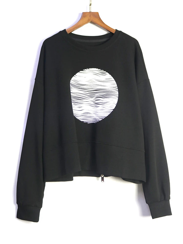 Black Graphic Zip-Back Pullover | Minimal Goth Oversized Sweatshirt