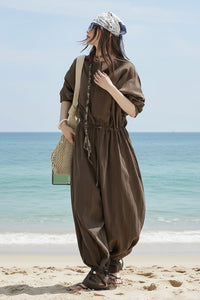 Industrial Wide-Leg Jumpsuit with Adjustable Waist - Coffee-SimpleModerne