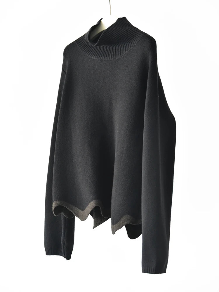 Black Wave Hem Turtleneck Pullover