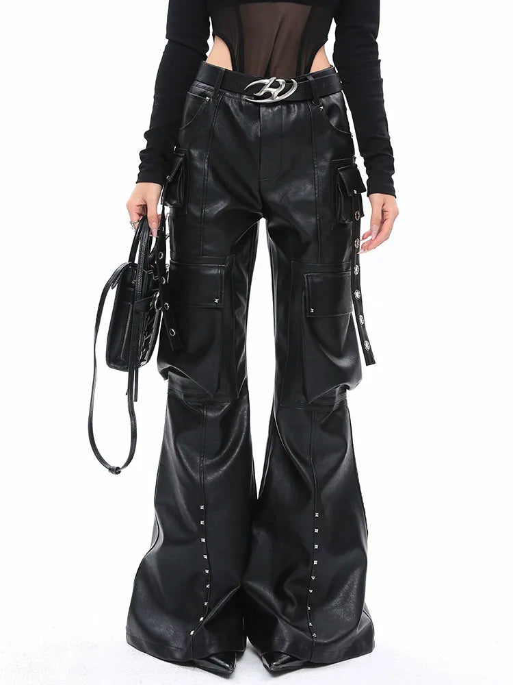 Casual Minimal Goth Eco Leather Trousers with Rivets-SimpleModerne