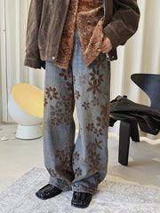 Floral Flock Wide-Leg Denim Jeans – Washed Blue-SimpleModerne