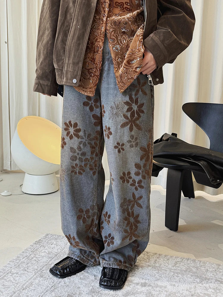 Floral Flock Wide-Leg Denim Jeans – Washed Blue-SimpleModerne