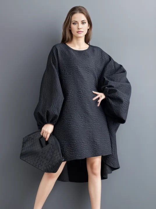 Oversized Lantern Sleeve Dress with Asymmetrical Hemline – Gothic Inspired Minimalism-SimpleModerne