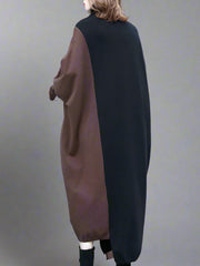 Oversized Coffee Brown & Black Colorblock Knit Maxi Pullover Dress – Asymmetrical Turtleneck Statement-SimpleModerne