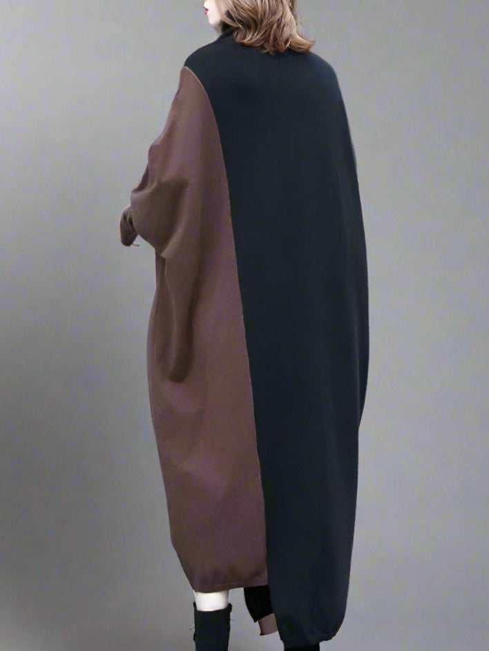 Oversized Coffee Brown & Black Colorblock Knit Maxi Pullover Dress – Asymmetrical Turtleneck Statement-SimpleModerne