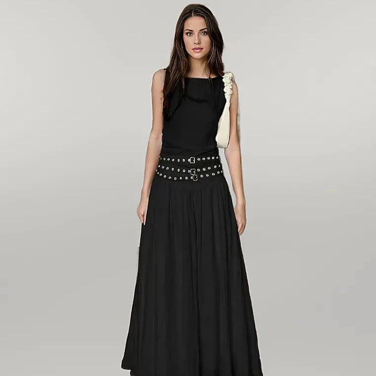 Casual Minimal Goth Belted Black Maxi Dress-SimpleModerne