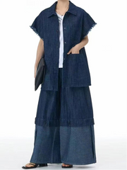 Oversized Frayed Sleeve Denim Shirt – Edgy Vintage Layer-SimpleModerne