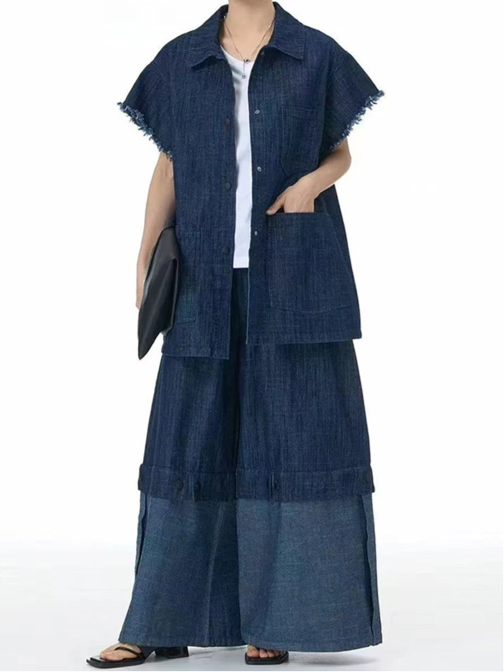 Oversized Frayed Sleeve Denim Shirt – Edgy Vintage Layer-SimpleModerne