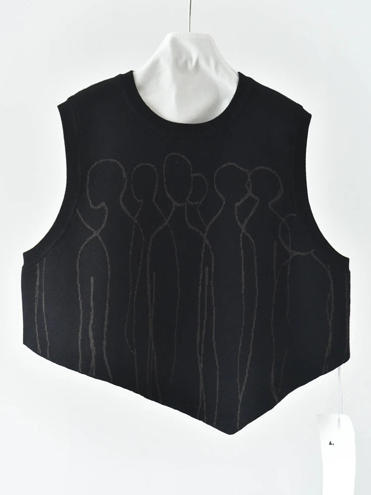Tonal Figure Knitted Vest – Asymmetric Minimal Goth Sleeveless Knit in Black-SimpleModerne