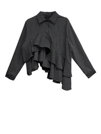 Asymmetrical Ruffle Pinstripe Shirt-SimpleModerne
