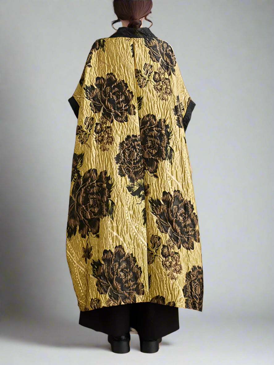 Golden Hour Crinkled Floral Cape Kimono – Dramatic Vintage Glamour-SimpleModerne