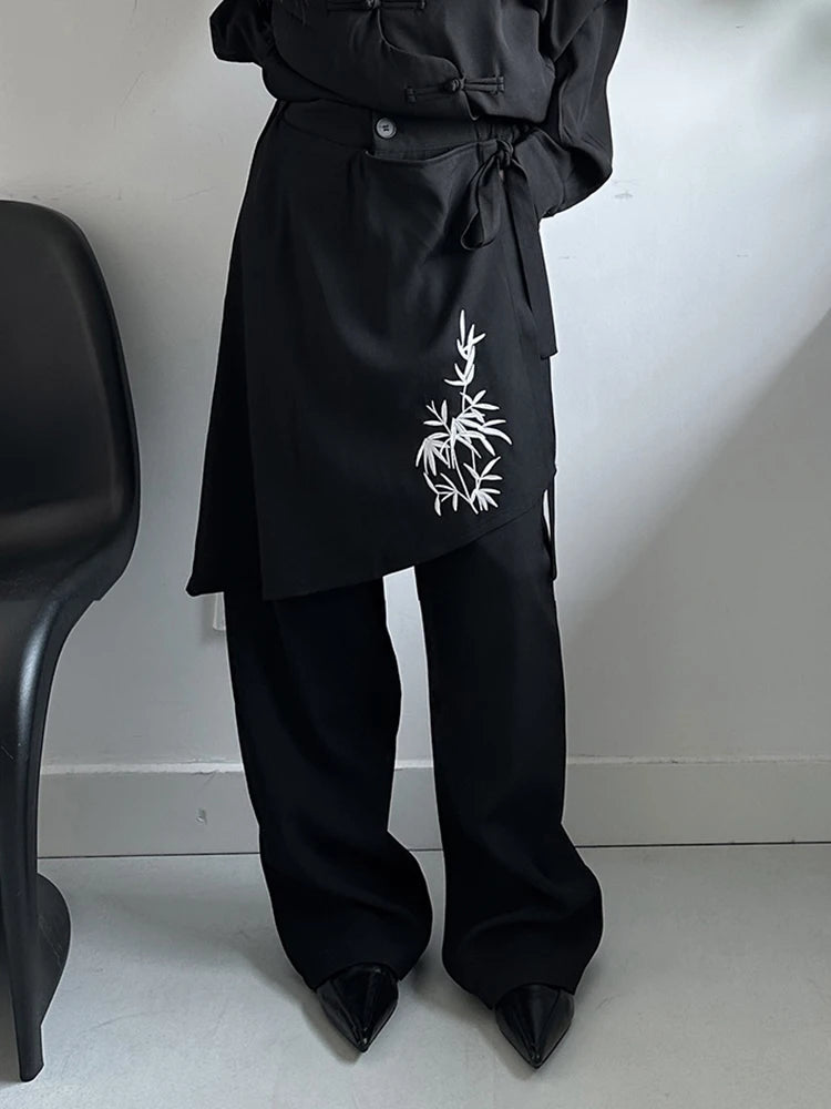 Casual Minimal Goth Japanese Print Overlay Trousers - SimpleModerne