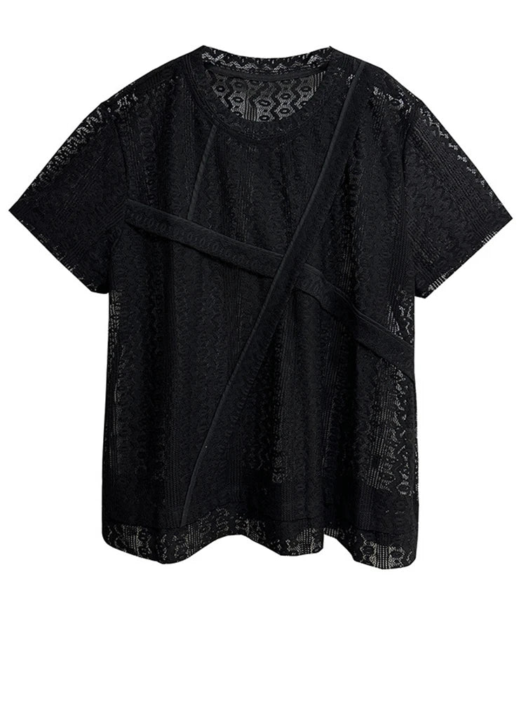 Sheer Lace Overlay Top – Short Sleeve, Relaxed Fit, Statement Layering Piece-SimpleModerne