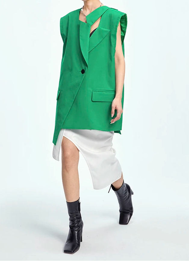 Asymmetric Raw-Edge Sleeveless Blazer-SimpleModerne