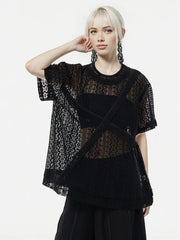 Sheer Lace Overlay Top – Short Sleeve, Relaxed Fit, Statement Layering Piece-SimpleModerne