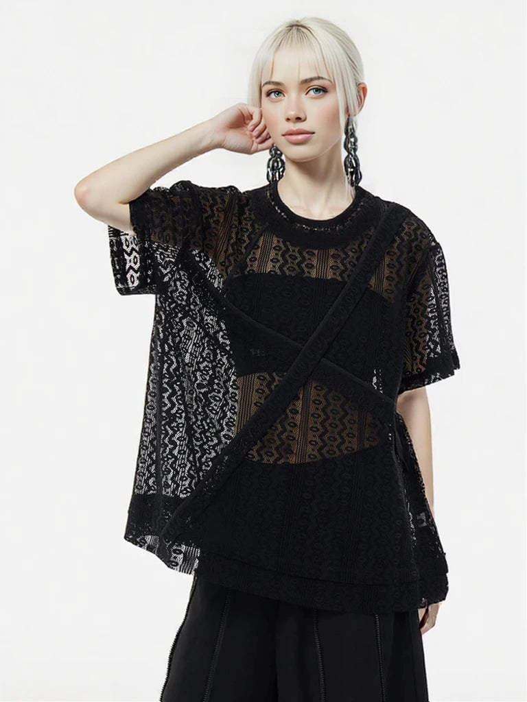 Sheer Lace Overlay Top – Short Sleeve, Relaxed Fit, Statement Layering Piece-SimpleModerne