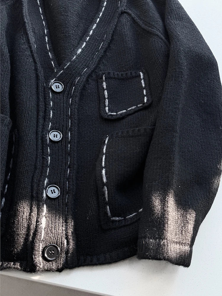Hand-Stitched Minimal Goth Cardigan – Oversized Textured Knit in Black