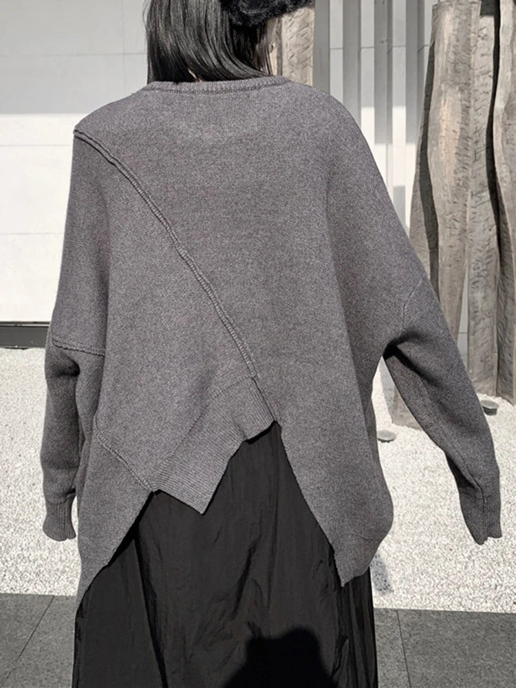 Asymmetrical Hem Oversized Knit Sweater – Gray | Casual Minimal Goth-SimpleModerne