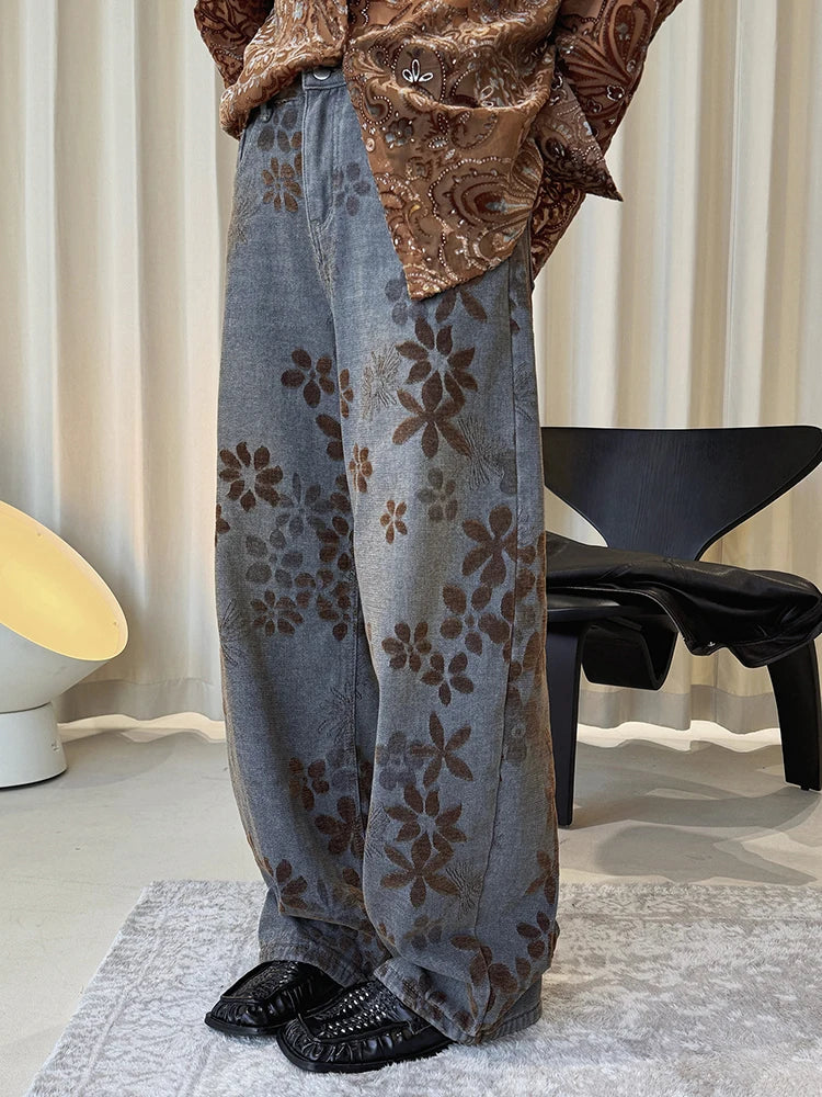 Floral Flock Wide-Leg Denim Jeans – Washed Blue-SimpleModerne
