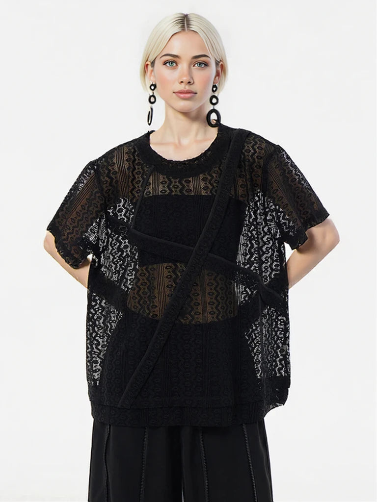 Sheer Lace Overlay Top – Short Sleeve, Relaxed Fit, Statement Layering Piece-SimpleModerne