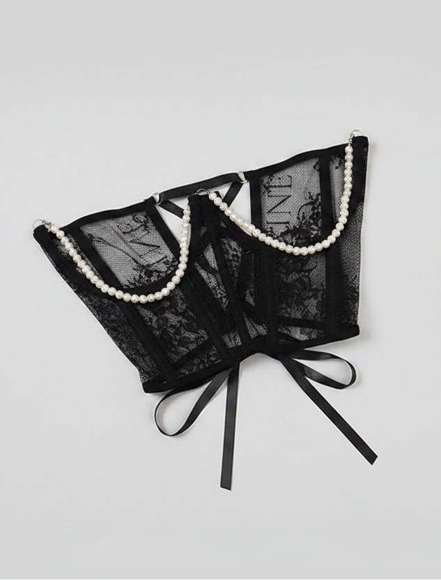 Pearl Lace Corset Black Belt-SimpleModerne