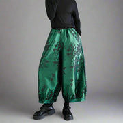 Elegant Floral Lantern Pants in Green with Pocket Detail – Relaxed Fit for Modern Style-SimpleModerne