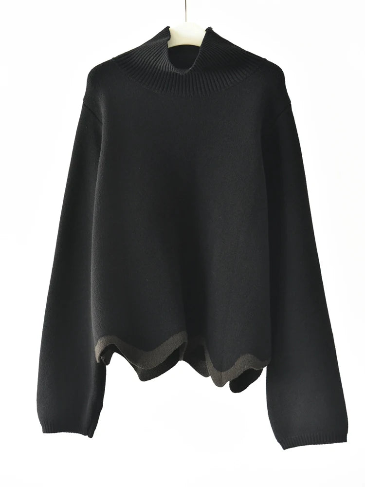 Black Wave Hem Turtleneck Pullover