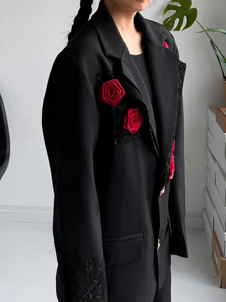 Rose Appliqué Blazer – Gothic Tailoring Statement-SimpleModerne