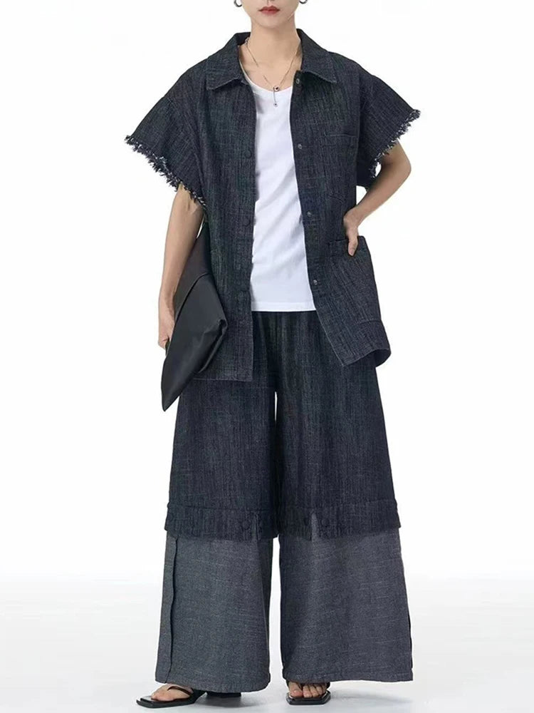 Oversized Frayed Sleeve Denim Shirt – Edgy Vintage Layer-SimpleModerne