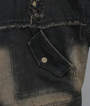 Vintage Punk Distressed Denim Jacket – Oversized Fit with Raw Hem & Patchwork Detail-SimpleModerne