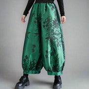 Elegant Floral Lantern Pants in Green with Pocket Detail – Relaxed Fit for Modern Style-SimpleModerne