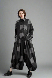 Urban Patchwork Two-Piece Set – Asymmetric Shirt & Wide Capri Pants-SimpleModerne