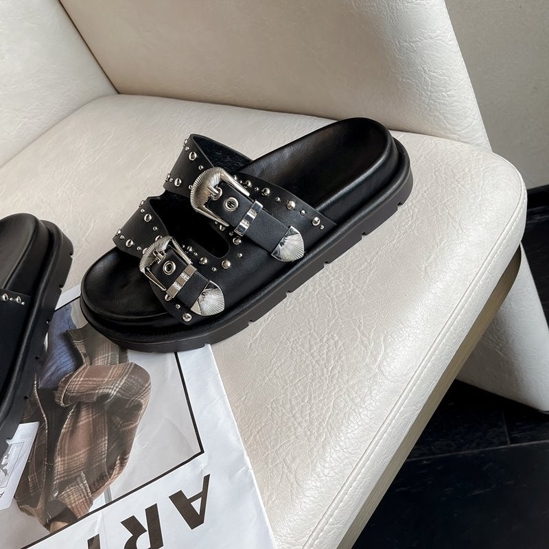 Casual Minimal Goth Leather & Rivet Sandals-SimpleModerne