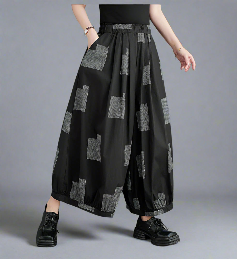 Punky Patchwork Wide-Leg Capri Pants – Cropped Statement Trousers-SimpleModerne