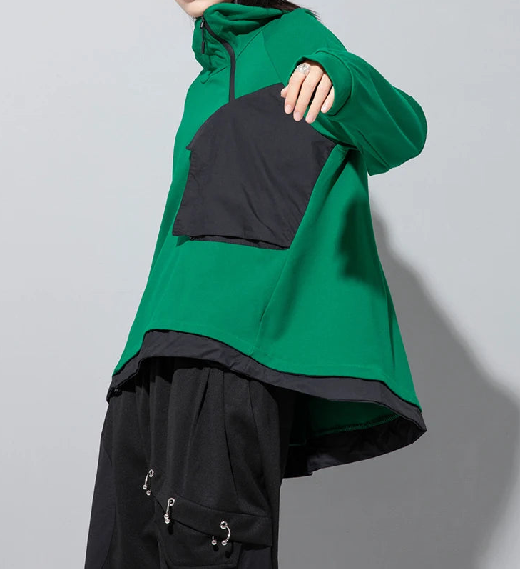 Asymmetric Pocket Hoodie — Green / Black-SimpleModerne