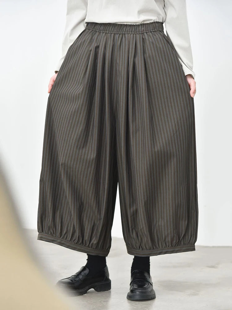 Olive Pinstripe Balloon Trousers | Relaxed Wide Leg
