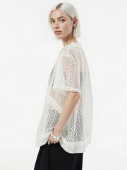 Sheer Lace Overlay Top – Short Sleeve, Relaxed Fit, Statement Layering Piece-SimpleModerne