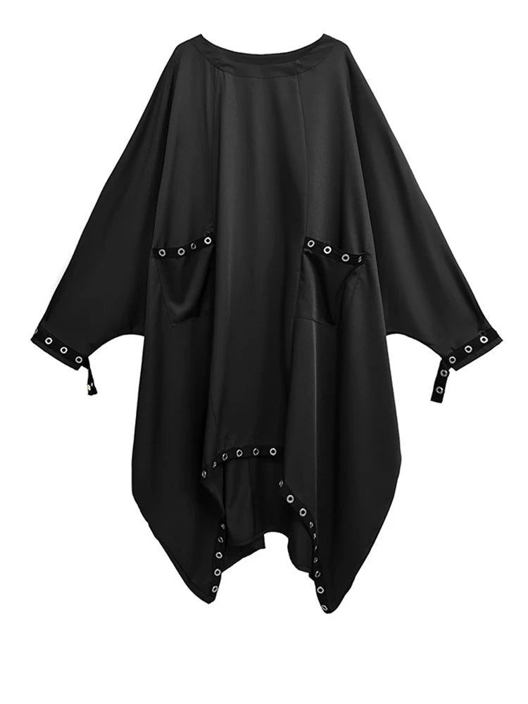 Oversized Rivet-Trim Pullover Dress – Punk-Inspired Cocoon Fit