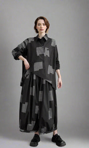 Urban Patchwork Two-Piece Set – Asymmetric Shirt & Wide Capri Pants-SimpleModerne