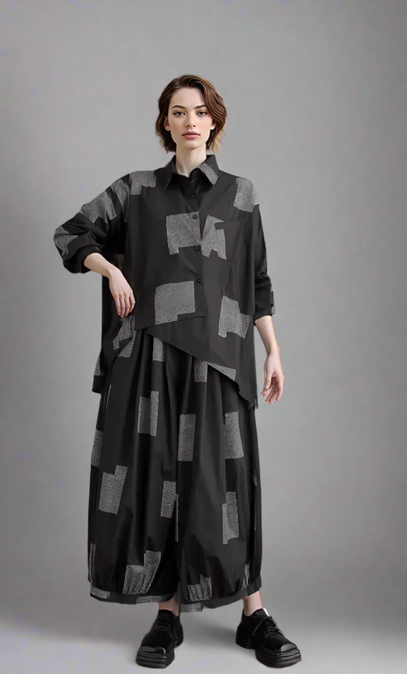 Urban Patchwork Two-Piece Set – Asymmetric Shirt & Wide Capri Pants-SimpleModerne