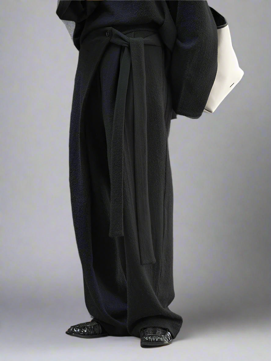 Asymmetrical Draped Black Trousers – Wide-Leg Knit Pants with Belted Detail