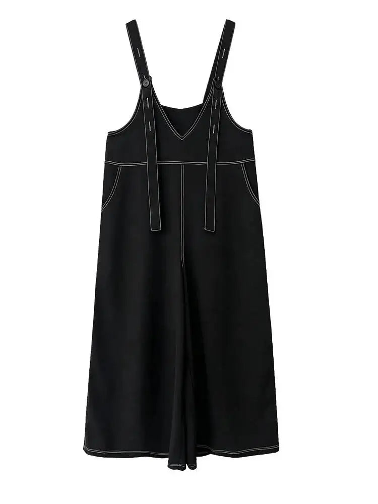 Casual Minimal Goth Contrast Stitch Wide-Leg Jumpsuit-SimpleModerne